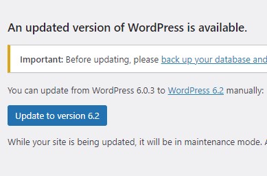 Wordpress Update Available Screen