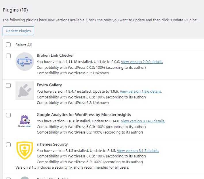 updates are available wordpress dashboard screen